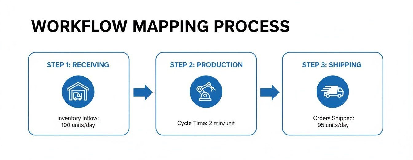 Workflow mapping process diagram showing three steps: Receiving, Production, and Shipping with associated metrics.