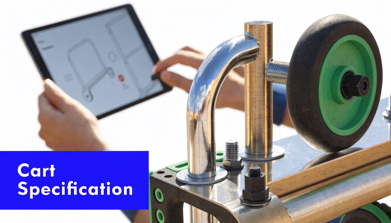A person uses a tablet to review technical design blueprints of an industrial metal cart structure.