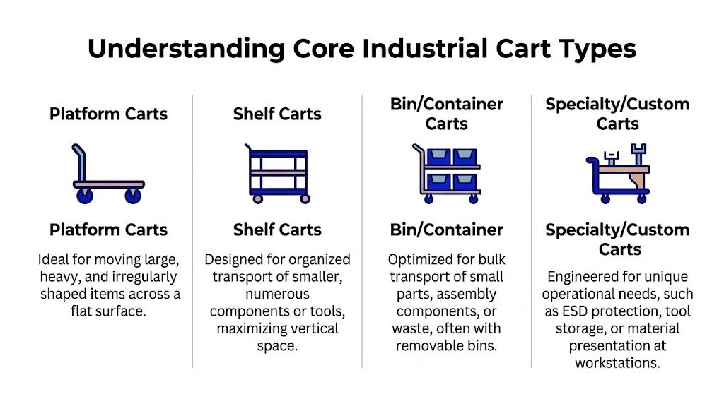 A chart detailing four core industrial cart types including platform, shelf, bin, and specialty carts with descriptions.