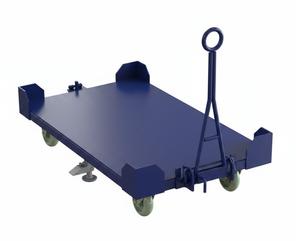 A blue industrial cart with four wheels, corner guards, a pull handle, and a foot brake.