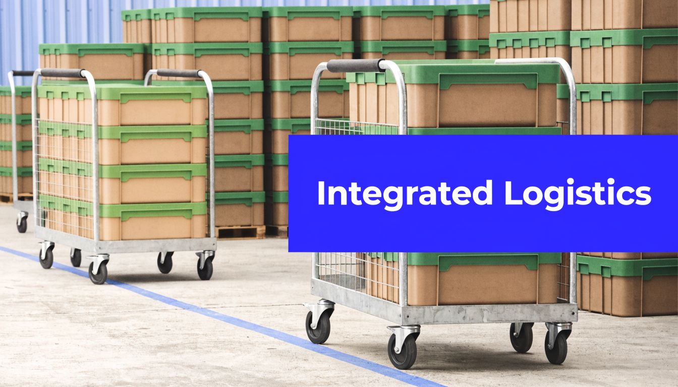 Metal warehouse carts carrying stacked plastic crates in a shipping facility with Integrated Logistics text overlay.