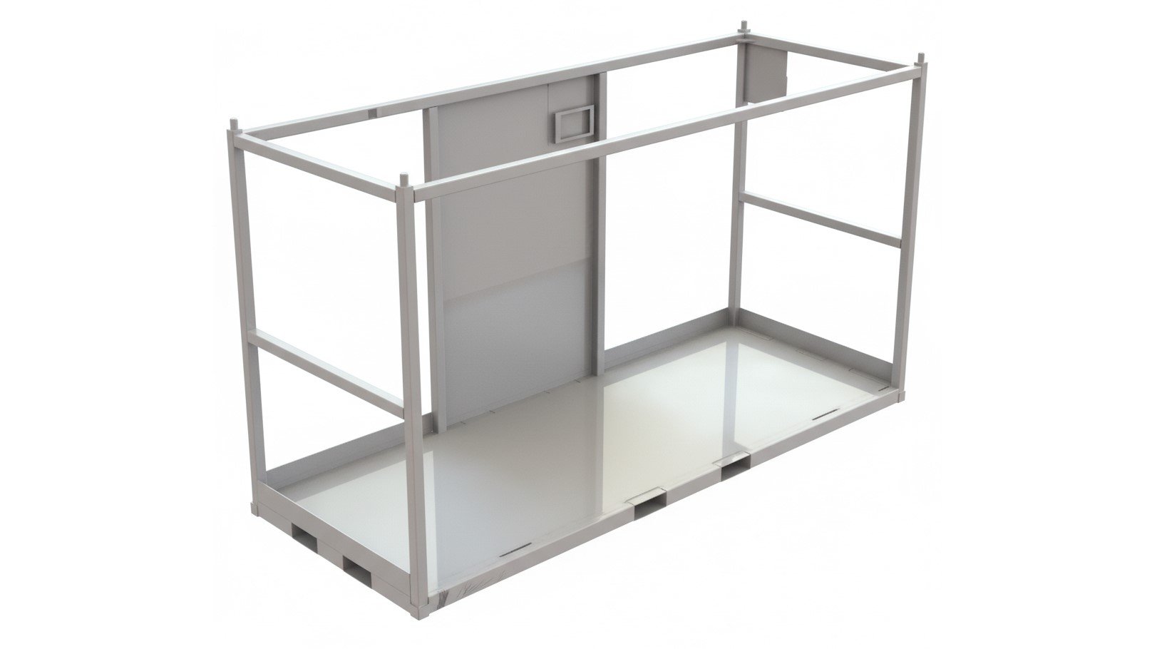 An empty, grey metal industrial rack frame with a solid base and partial back wall.