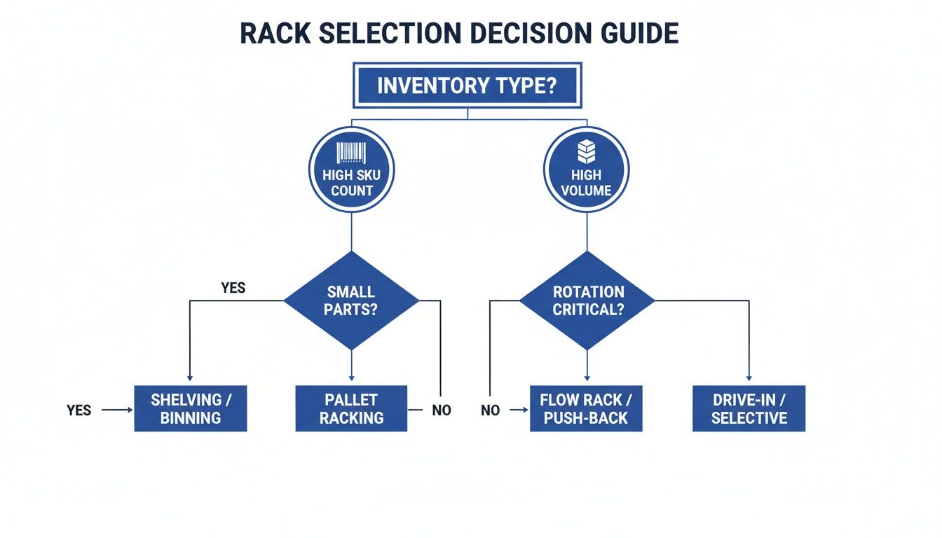 Flowchart guiding rack selection based on inventory type, SKU count, part size, volume, and rotation criticality.