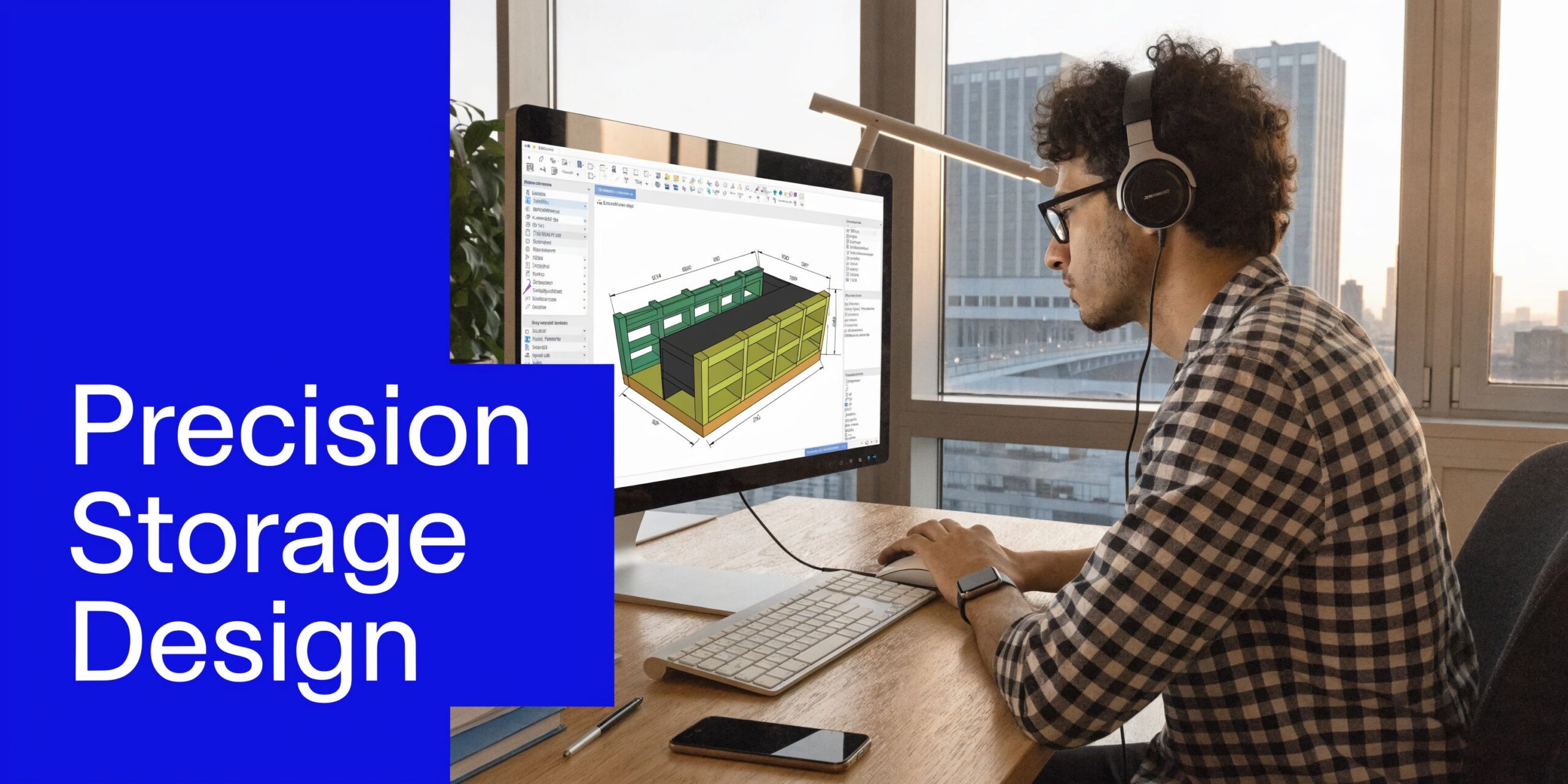 A professional designer working on a precision storage rack project on his computer in a bright office.
