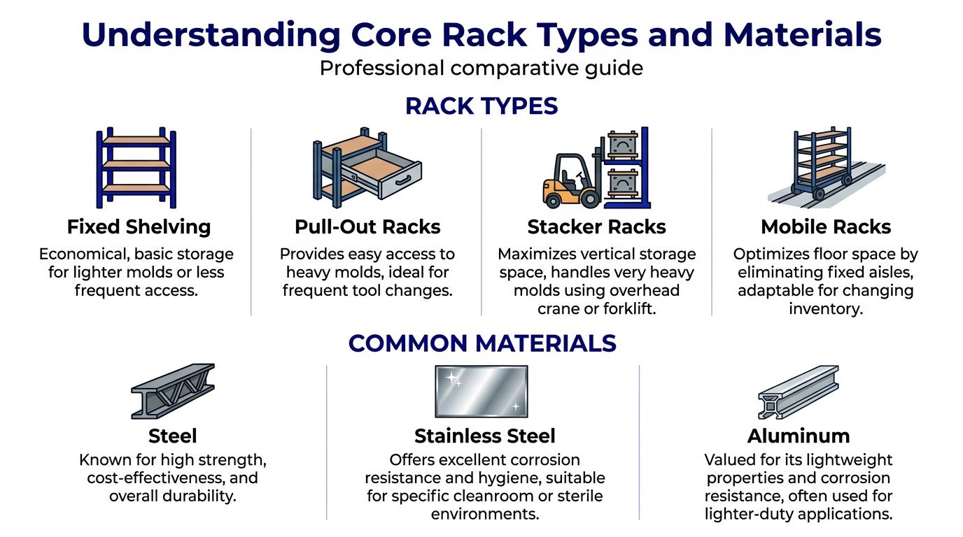 A professional infographic comparing four types of industrial storage racks and three common construction materials.
