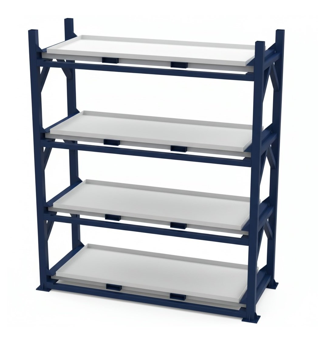 A dark blue metal four-tier industrial storage rack with white pull-out shelves.