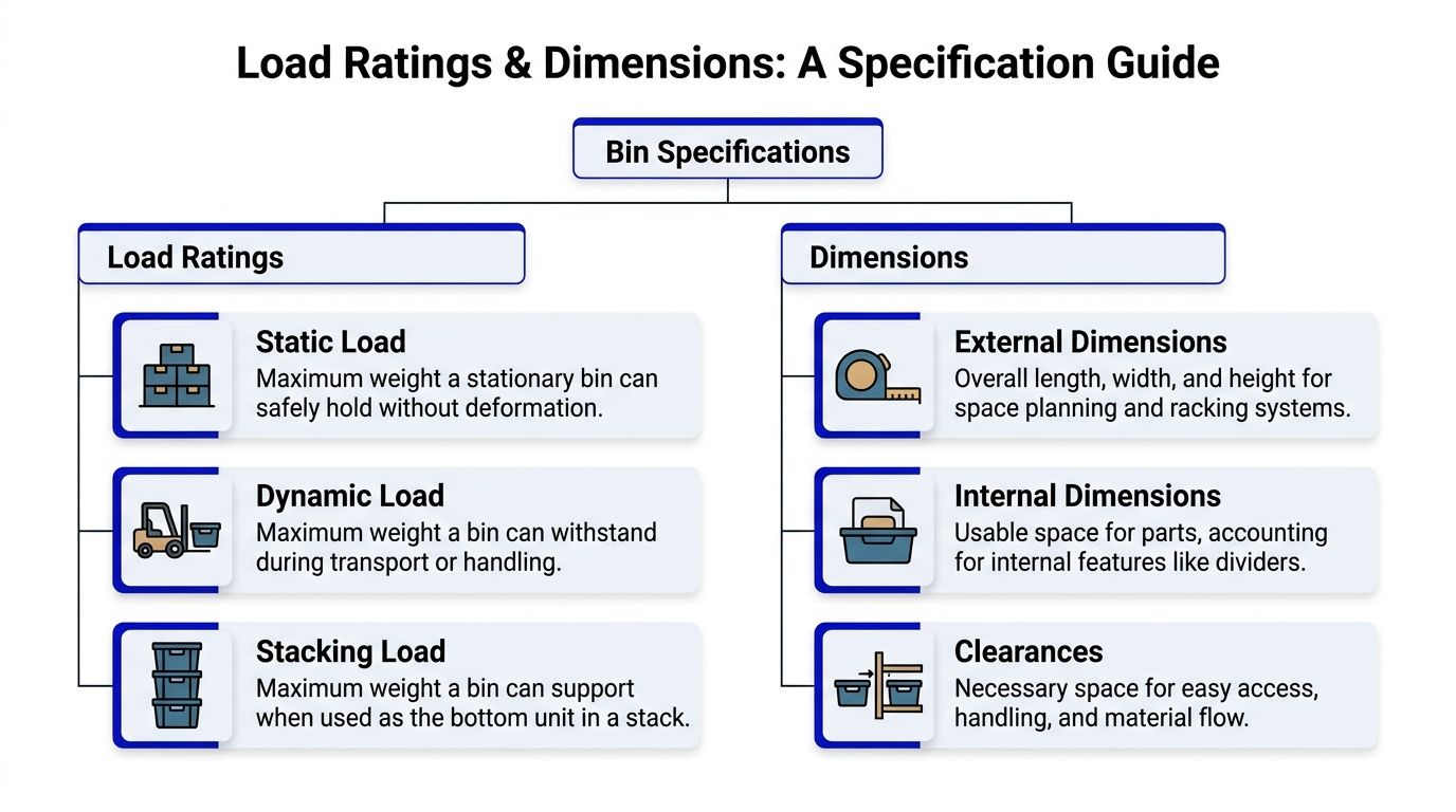 A diagram illustrating bin specifications including load ratings and dimensional requirements for industrial storage containers.