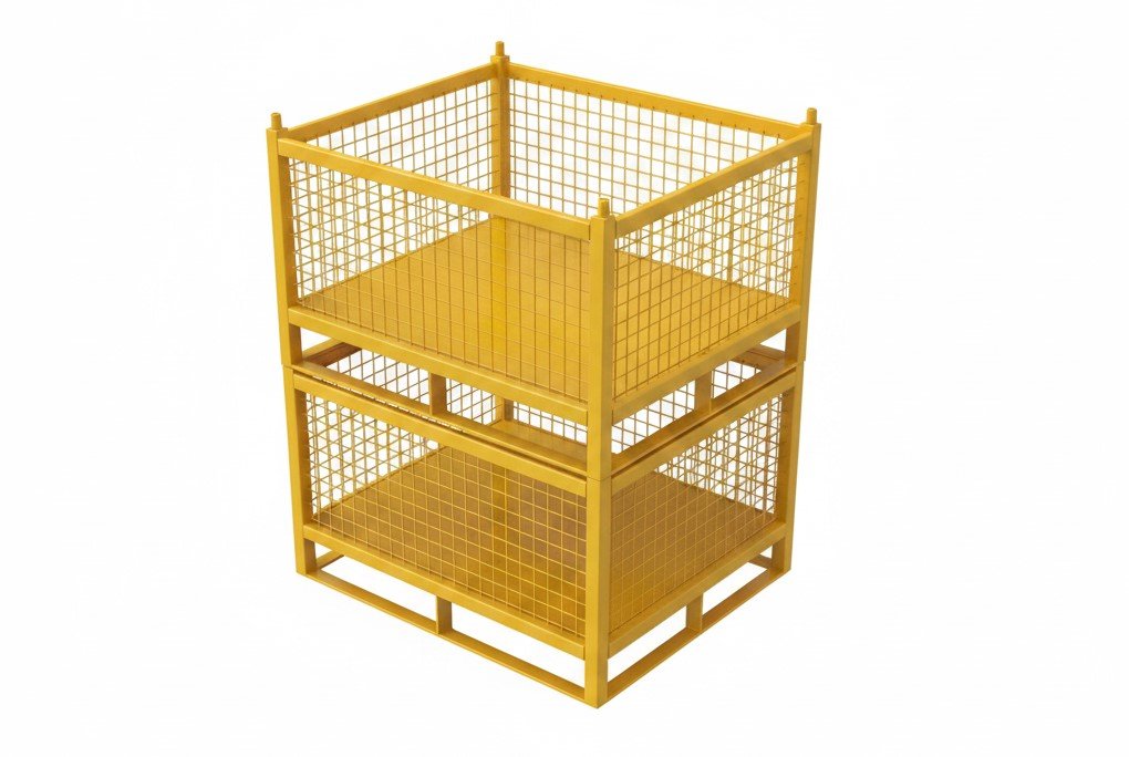 A yellow two-tier metal storage cage with wire mesh sides, designed for industrial parts storage.