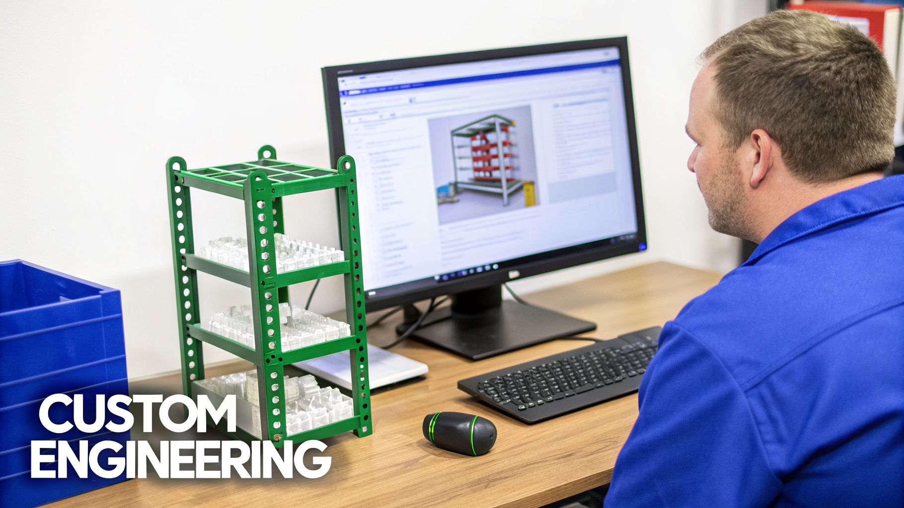 An engineer designs custom storage racks on a computer, with a physical green prototype rack on the desk.