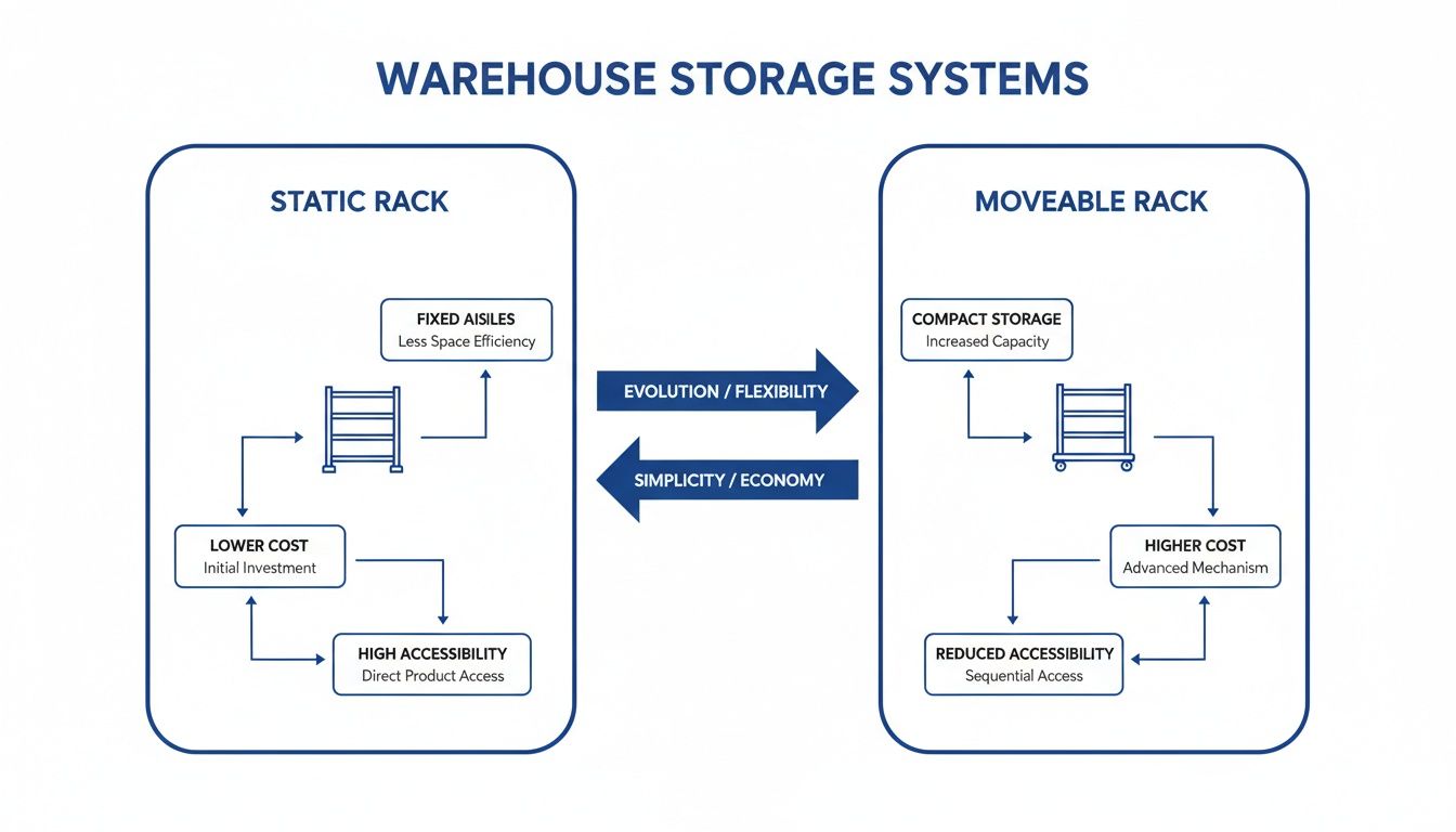 An infographic comparing static and moveable warehouse storage systems, highlighting cost, space, and accessibility differences.