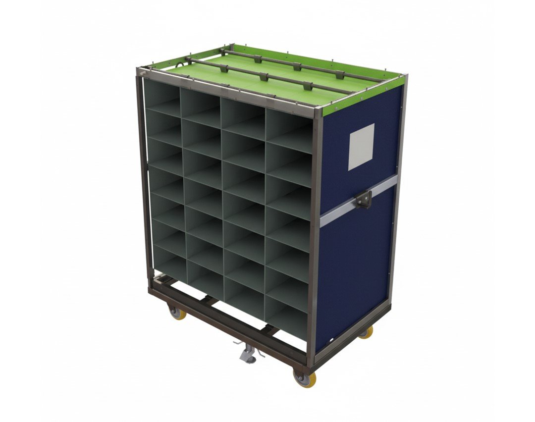 A blue and green multi-compartment mail sorting cart on wheels, viewed from an angle.