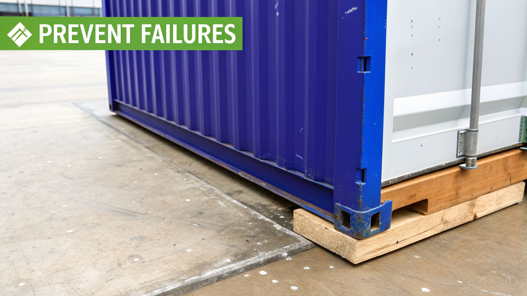 A close-up of a blue industrial storage container resting on wooden blocks on concrete.
