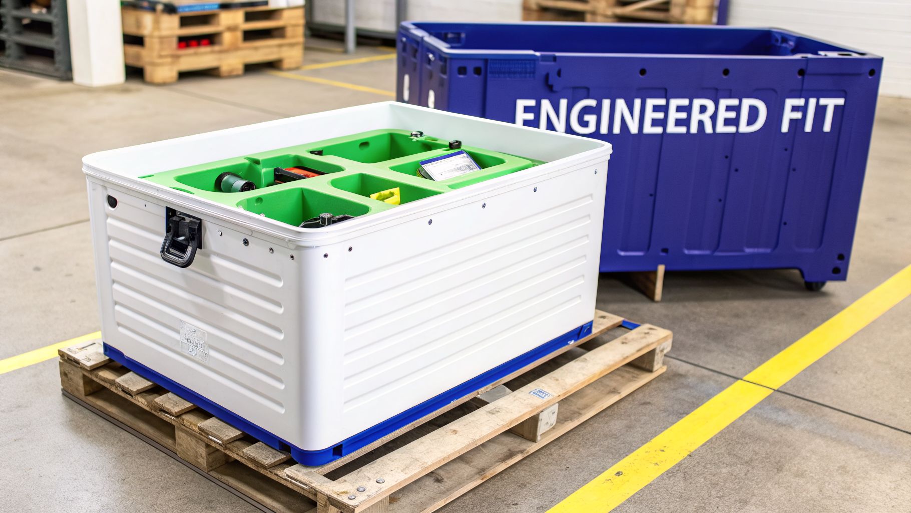 White and blue industrial storage containers with an organized green interior on pallets in a warehouse.