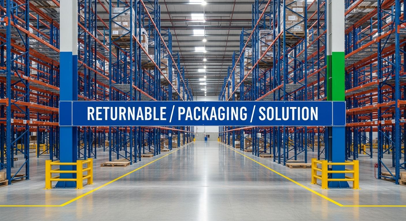 Returnable packaging solution sign in a large industrial warehouse setting