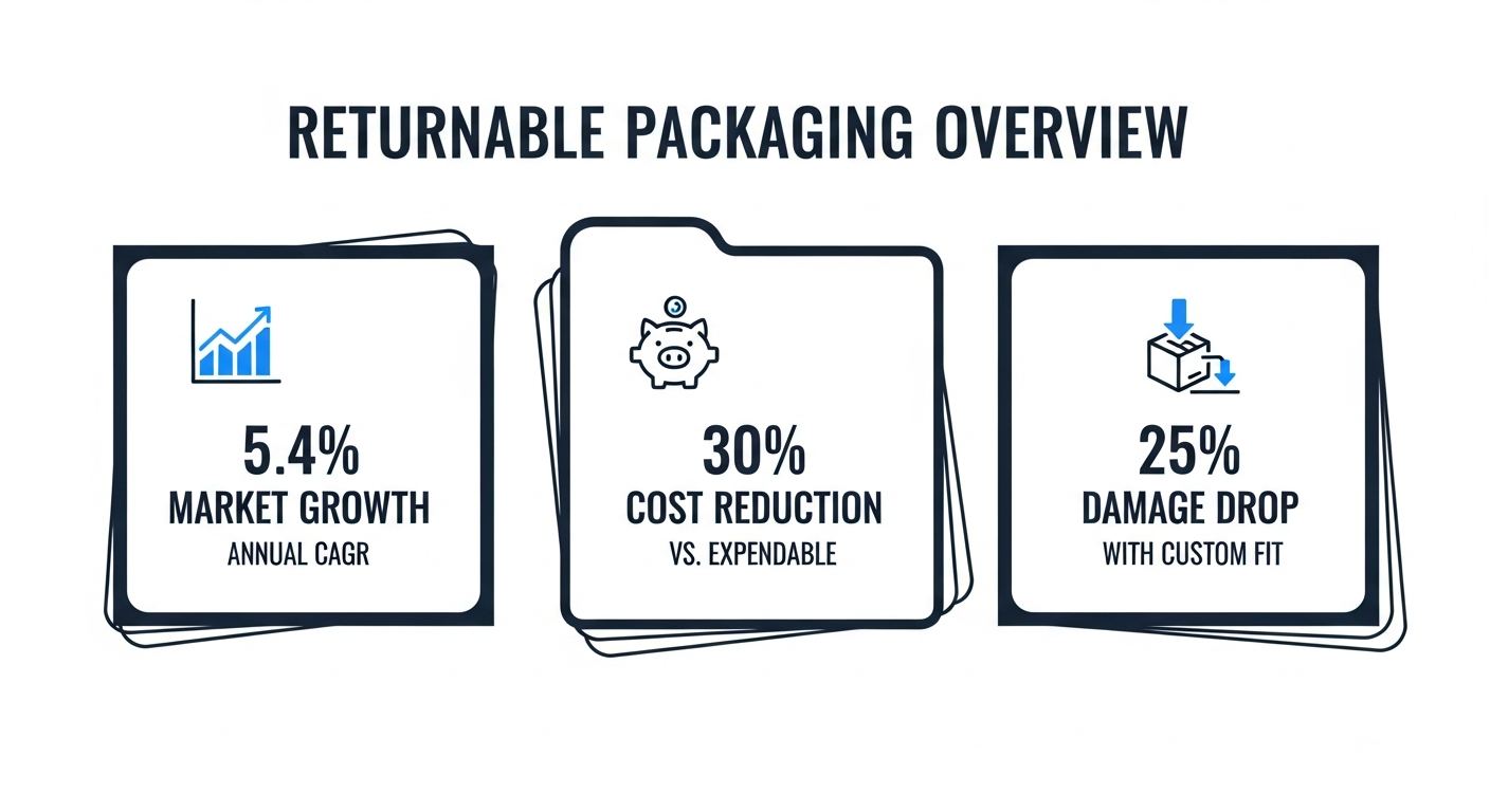 Returnable packaging solution overview infographic showing market growth, cost reduction, and damage drop data