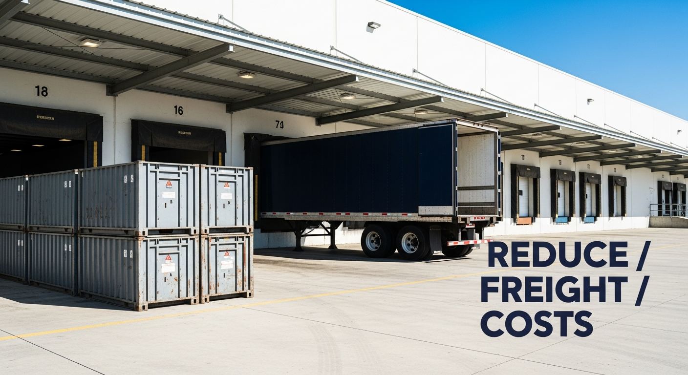 Custom steel returnable packaging solution containers being loaded at a warehouse dock to reduce freight costs