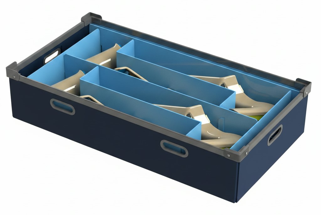 Custom design engineering process for a returnable packaging solution shown with CAD drawings and steel prototype on a workshop bench