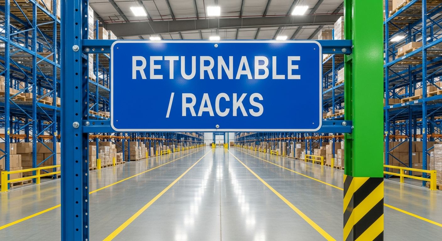 Returnable racks in a large industrial warehouse facility
