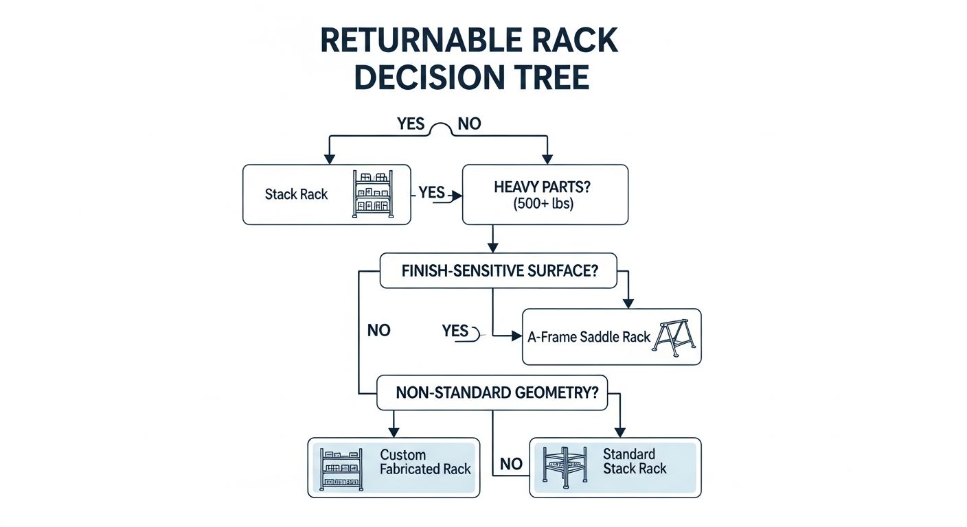 Returnable rack performance overview infographic showing ROI multiplier, freight savings, and damage reduction data