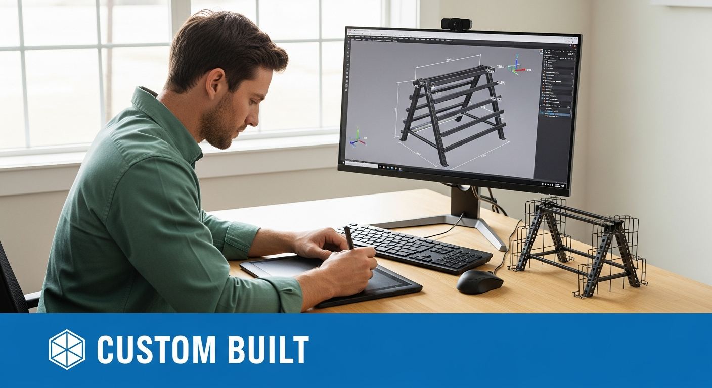Custom returnable rack engineering process with CAD drawings displayed and a welded steel prototype on a workbench
