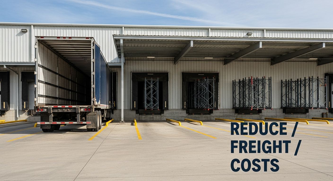 Custom steel returnable racks loaded into a semi-truck trailer at a manufacturing facility loading dock to reduce freight costs