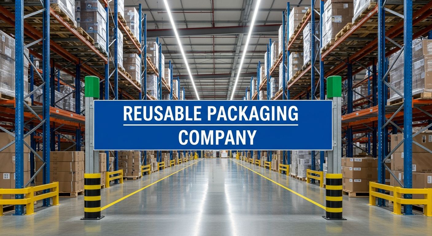 reusable packaging company sign in an industrial warehouse setting