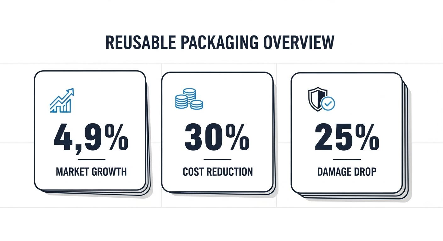 reusable packaging company overview infographic showing market growth, cost reduction, and damage drop data