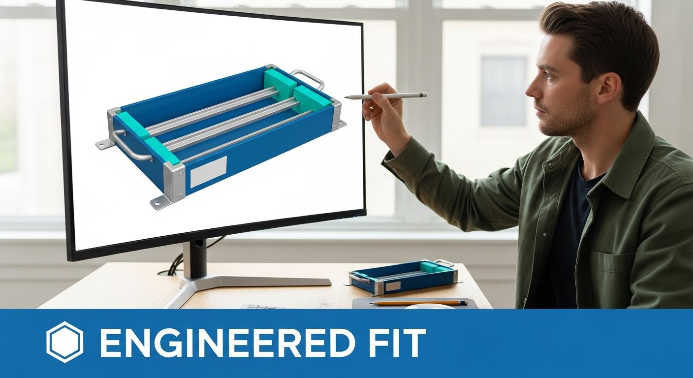 engineer designing a custom reusable packaging container for a manufacturing facility