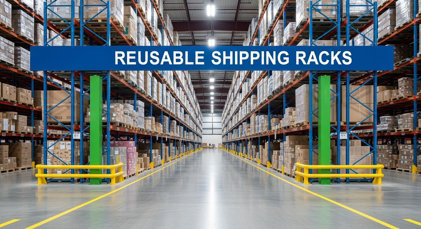 reusable shipping racks sign in an industrial warehouse setting