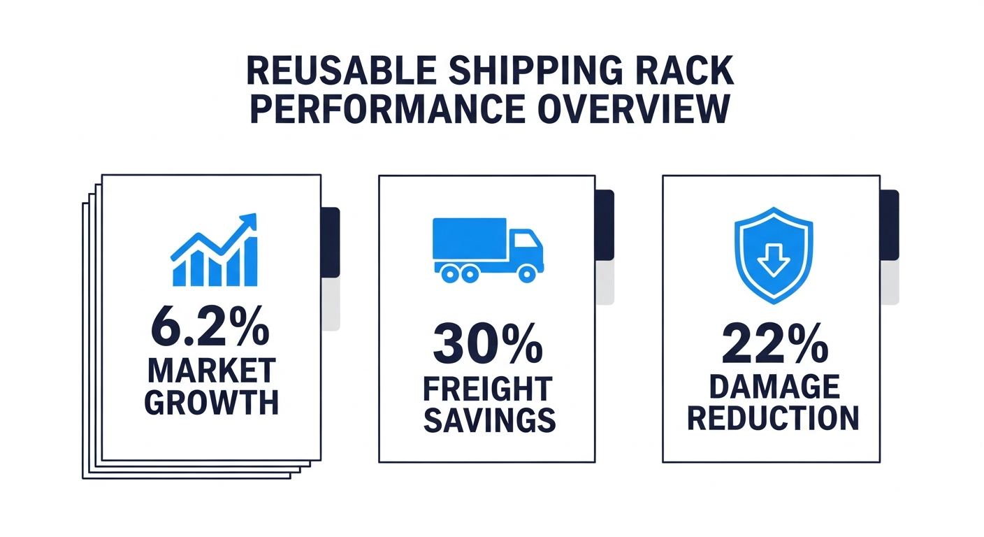 reusable shipping racks performance overview infographic showing market growth, freight savings, and damage reduction data