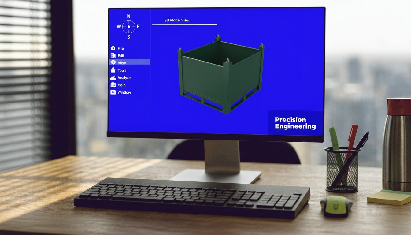 Computer monitor showing a 3D model of a dark green industrial bin, with a 'Precision Engineering' label.