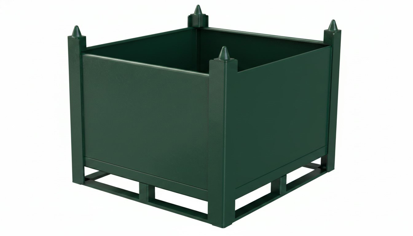A dark green, square metal planter or storage bin with pointed finials on each of its four top corners, shown against a white background.