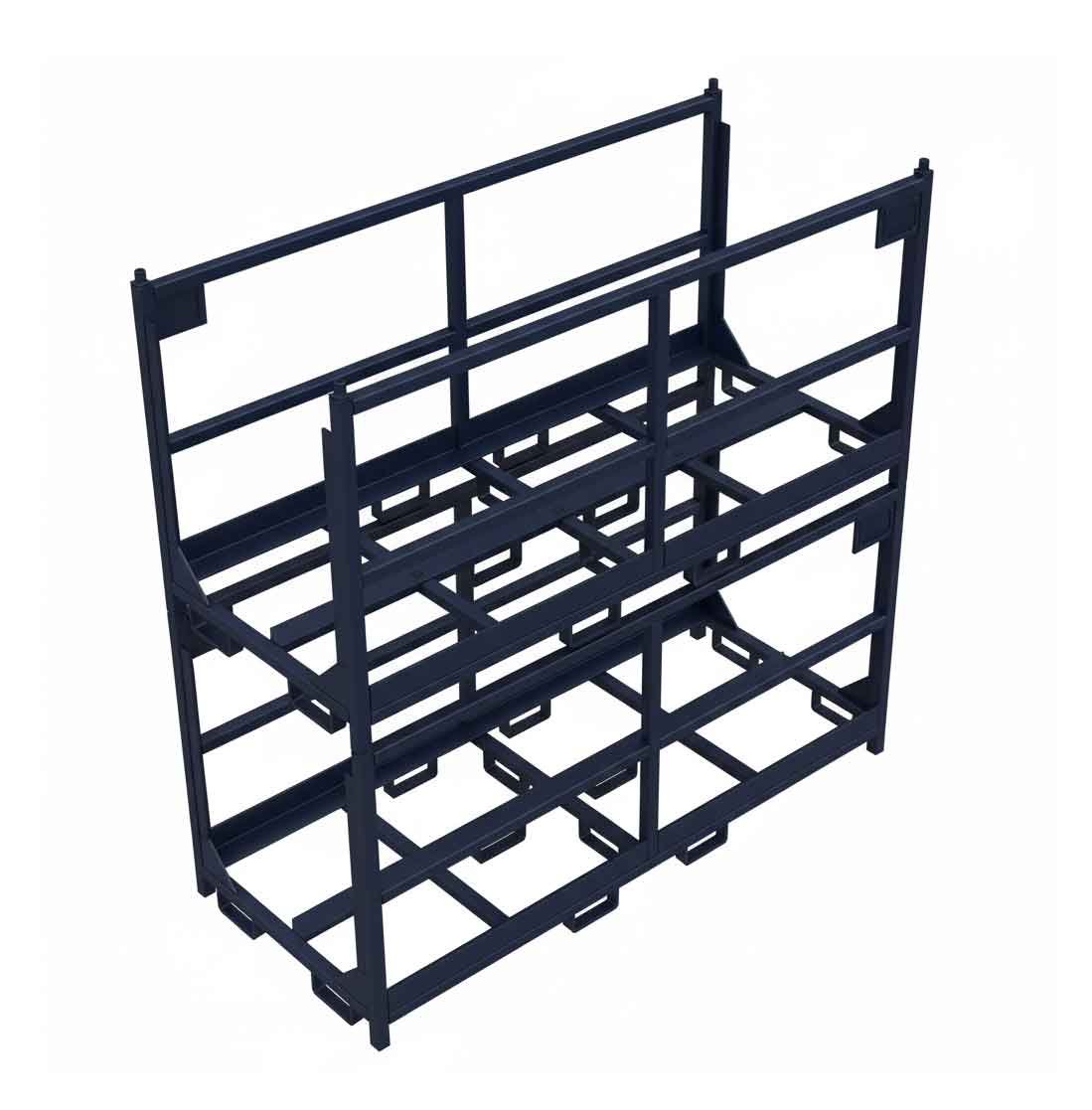 Industrial dark blue metal storage racks with multiple levels for efficient stacking.
