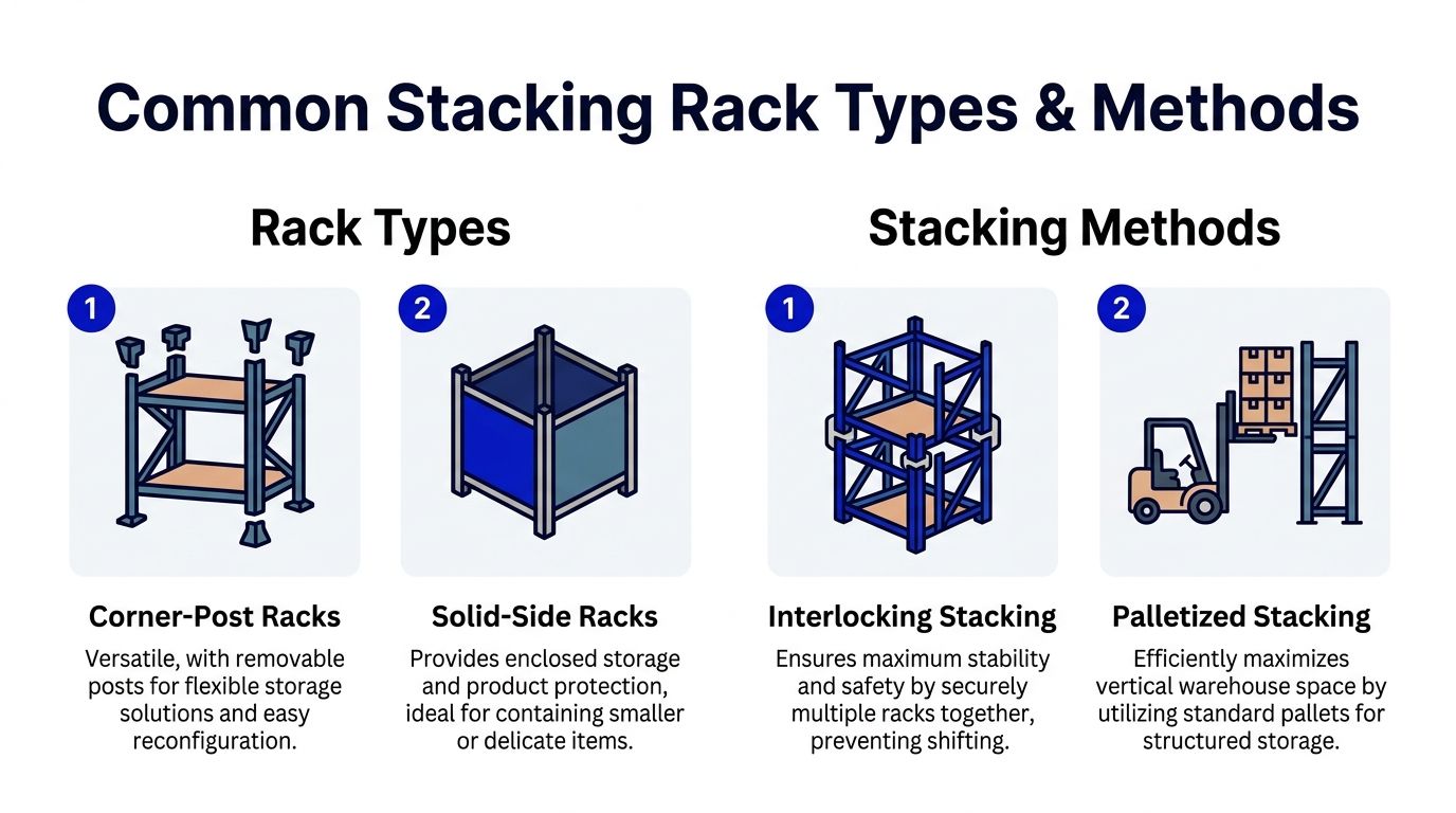 An infographic showing common types of industrial stacking racks and different methods for stacking warehouse storage.
