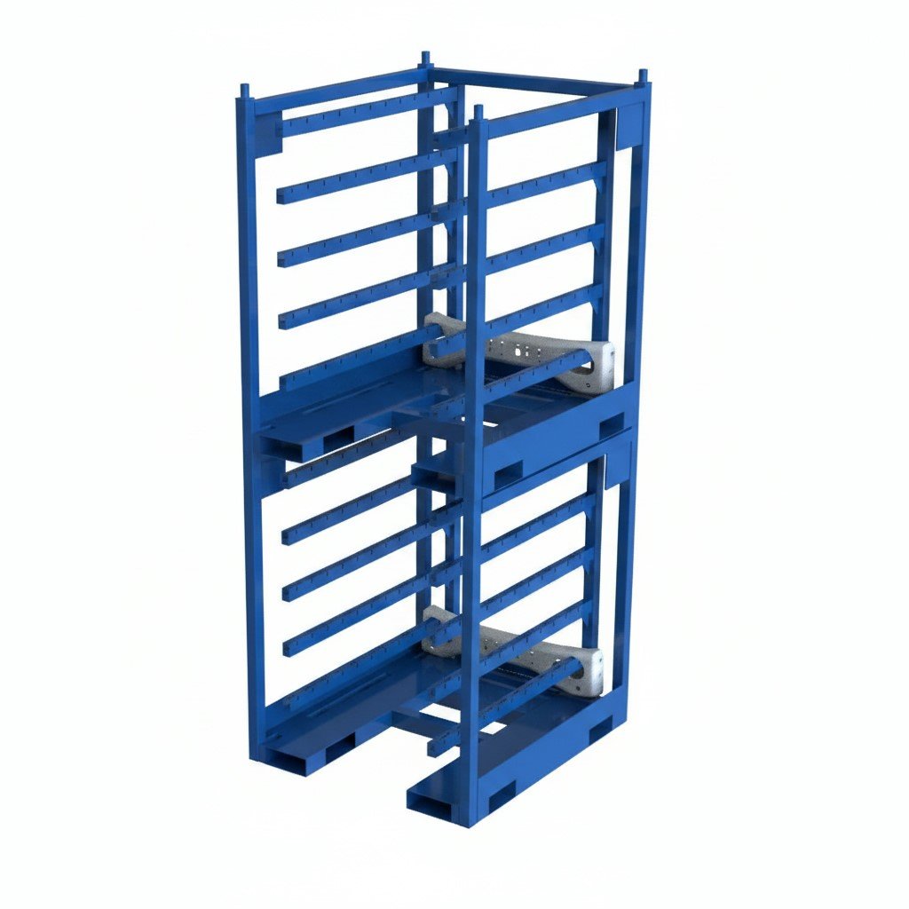 custom-engineered reusable shipping rack design process with CAD drawings and prototype model