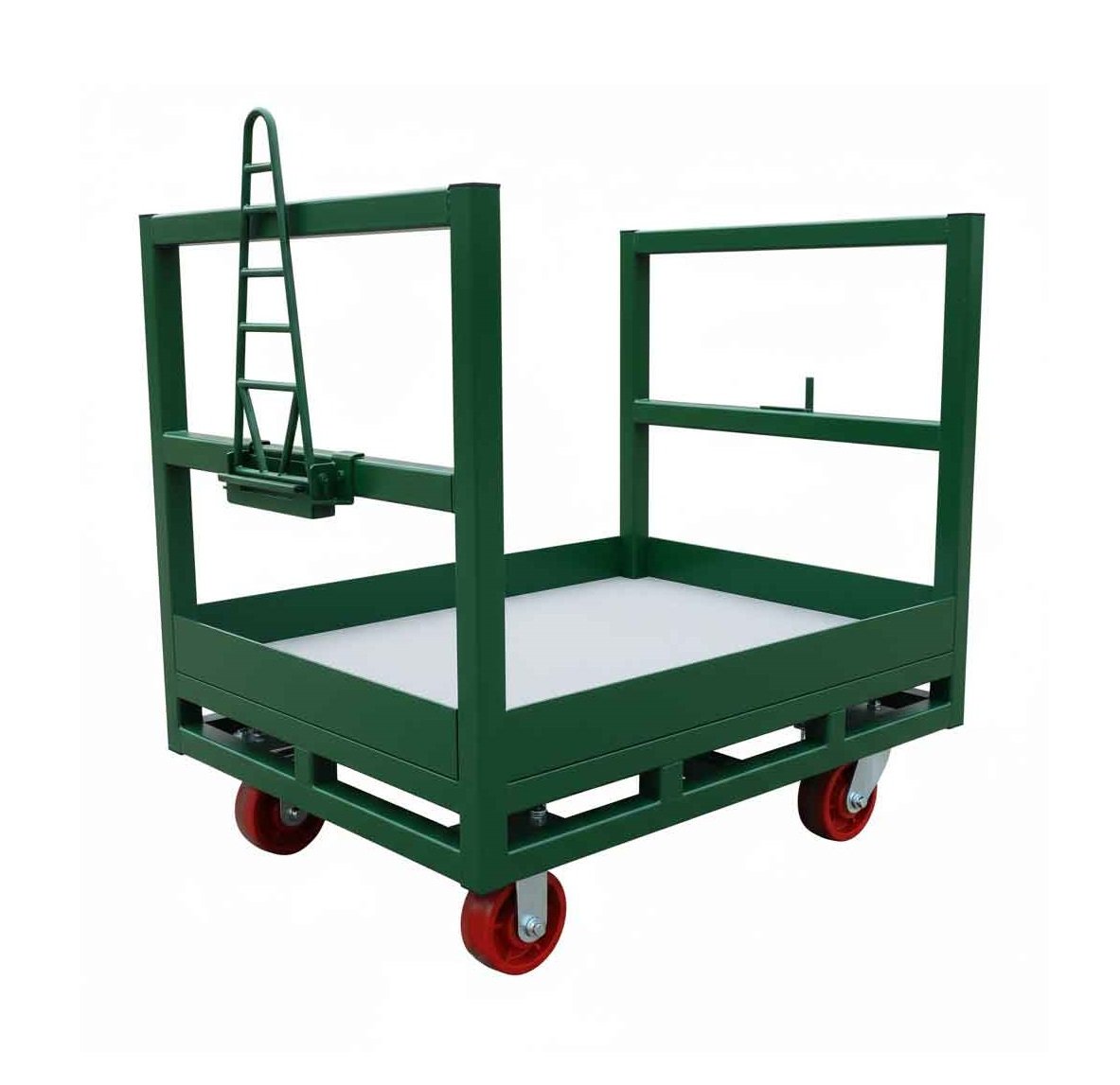 A robust green industrial heavy-duty cart with red wheels and a small attached ladder-like component.