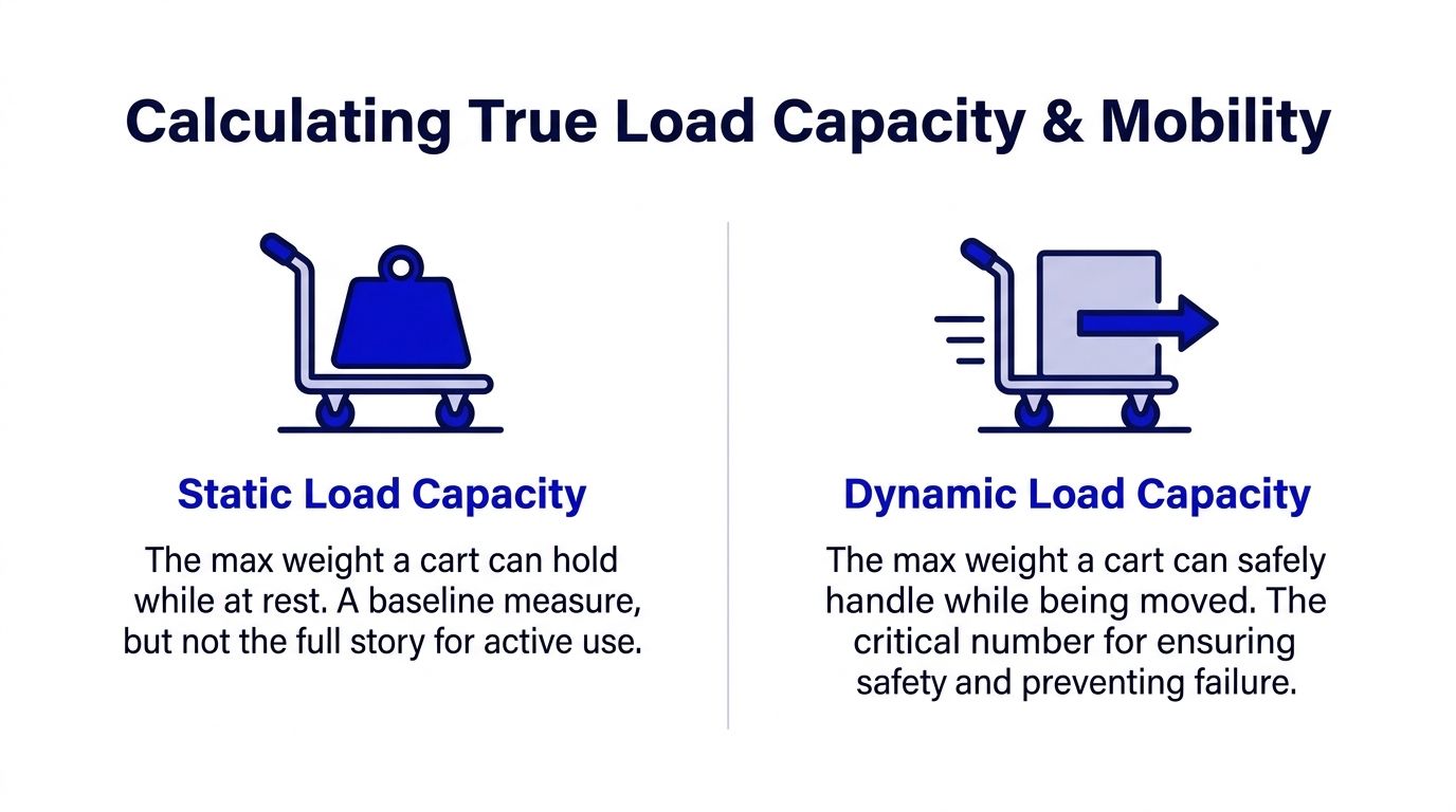 An infographic comparing static and dynamic load capacity for industrial carts, highlighting weight limits for stationary versus moving use.