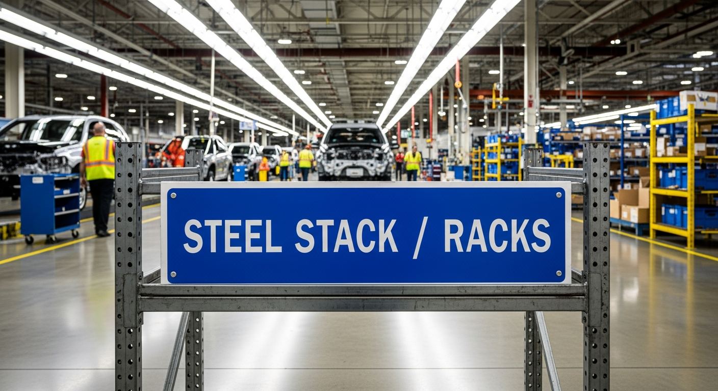 steel stack racks in an industrial manufacturing plant warehouse setting