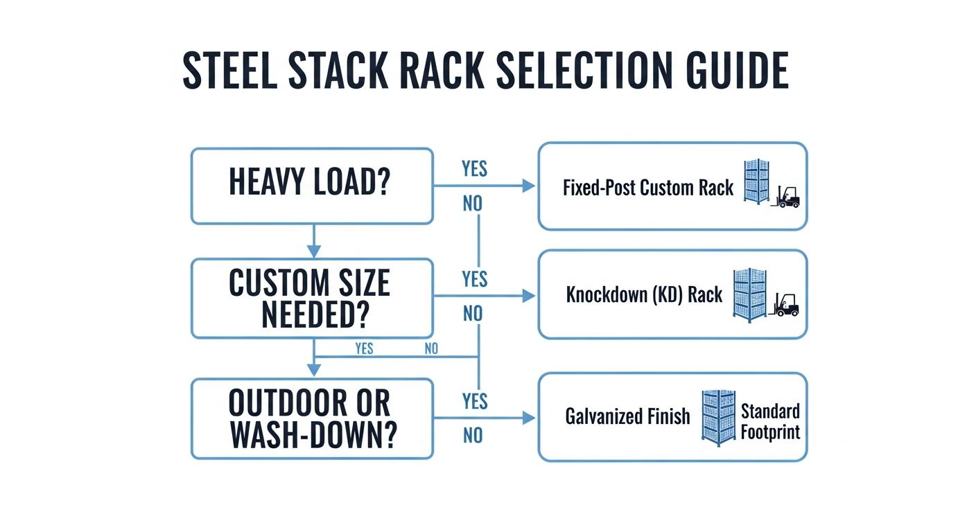steel stack rack selection guide infographic showing configuration decision tree for fixed-post, knockdown, and galvanized options
