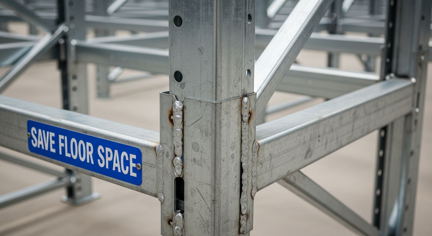 close-up of steel stack rack welded frame and fork pocket detail in warehouse setting