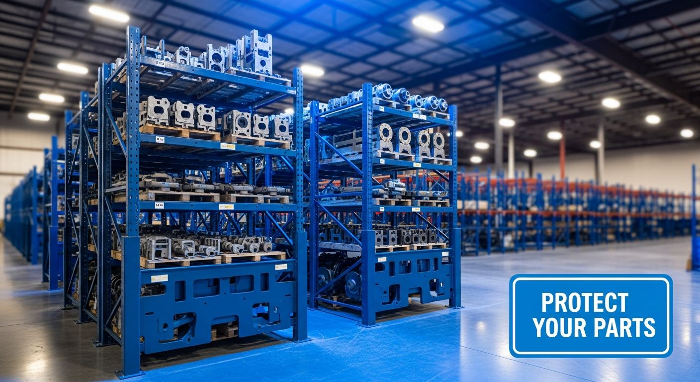 loaded steel stack racks with automotive stampings in a large warehouse facility