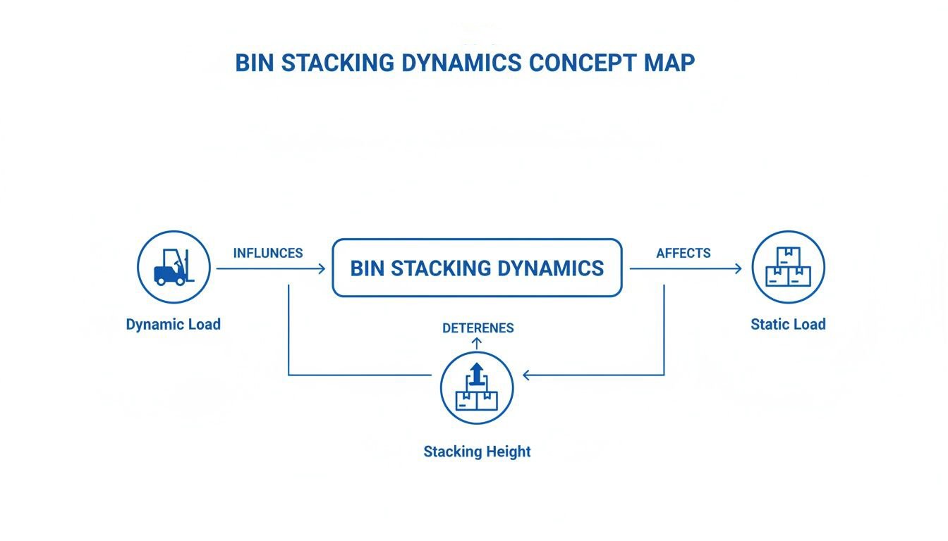 A concept map showing how dynamic load influences bin stacking dynamics, which affects static load and stacking height.