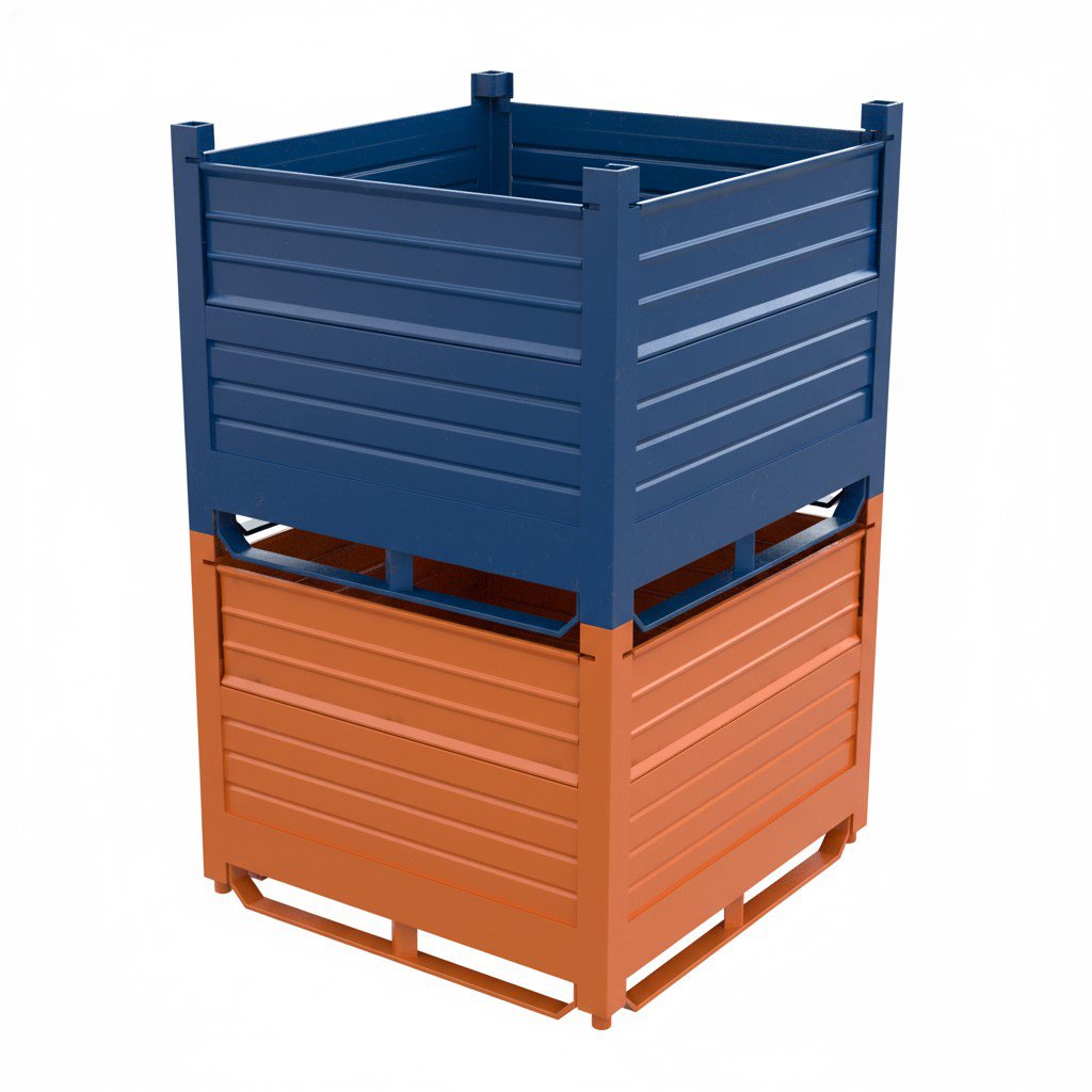 Two industrial-style stackable steel bins, one blue and one orange, against a white background.