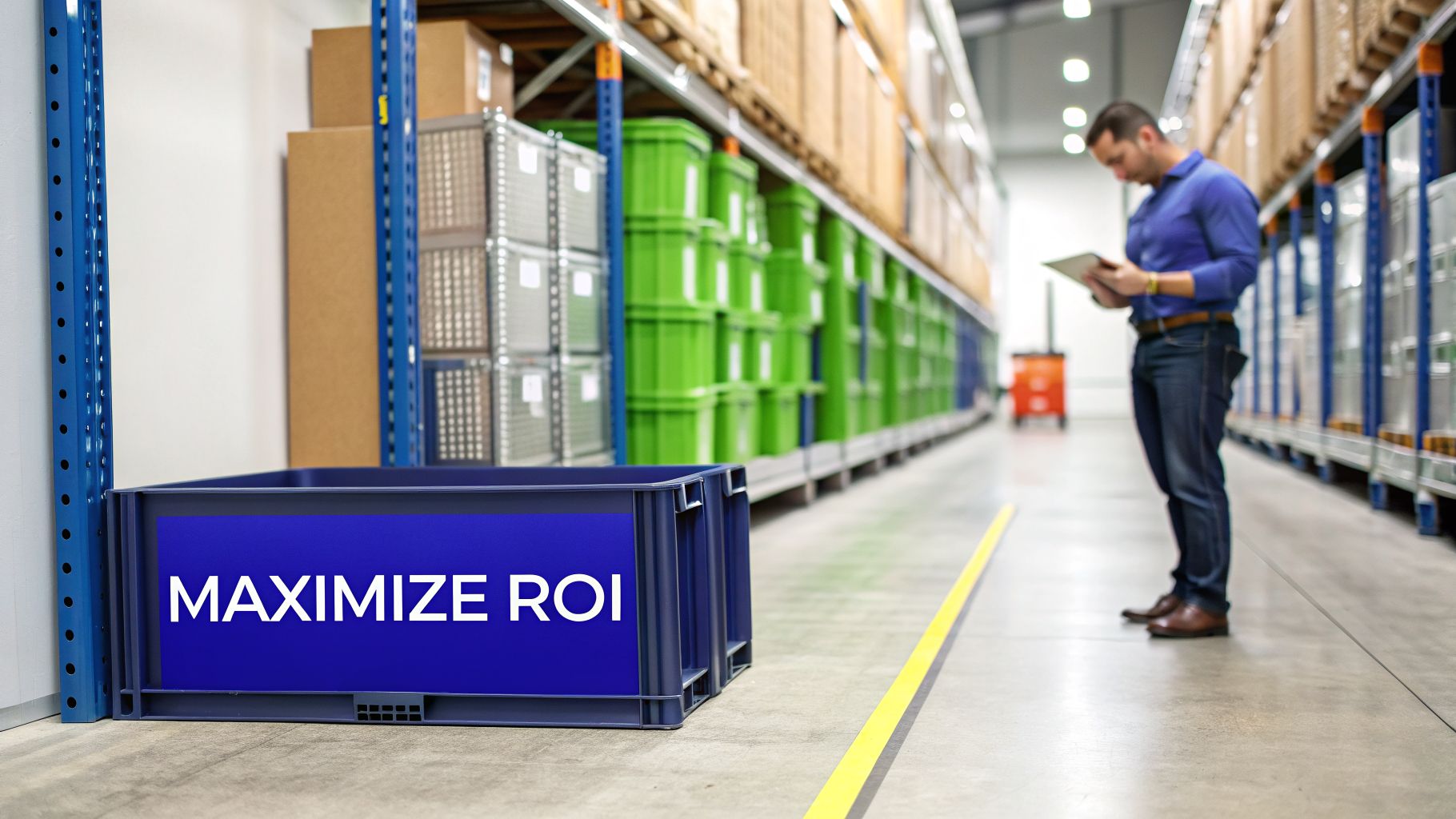 A man in a warehouse scans inventory with a tablet, a blue bin reads "MAXIMIZE ROI".