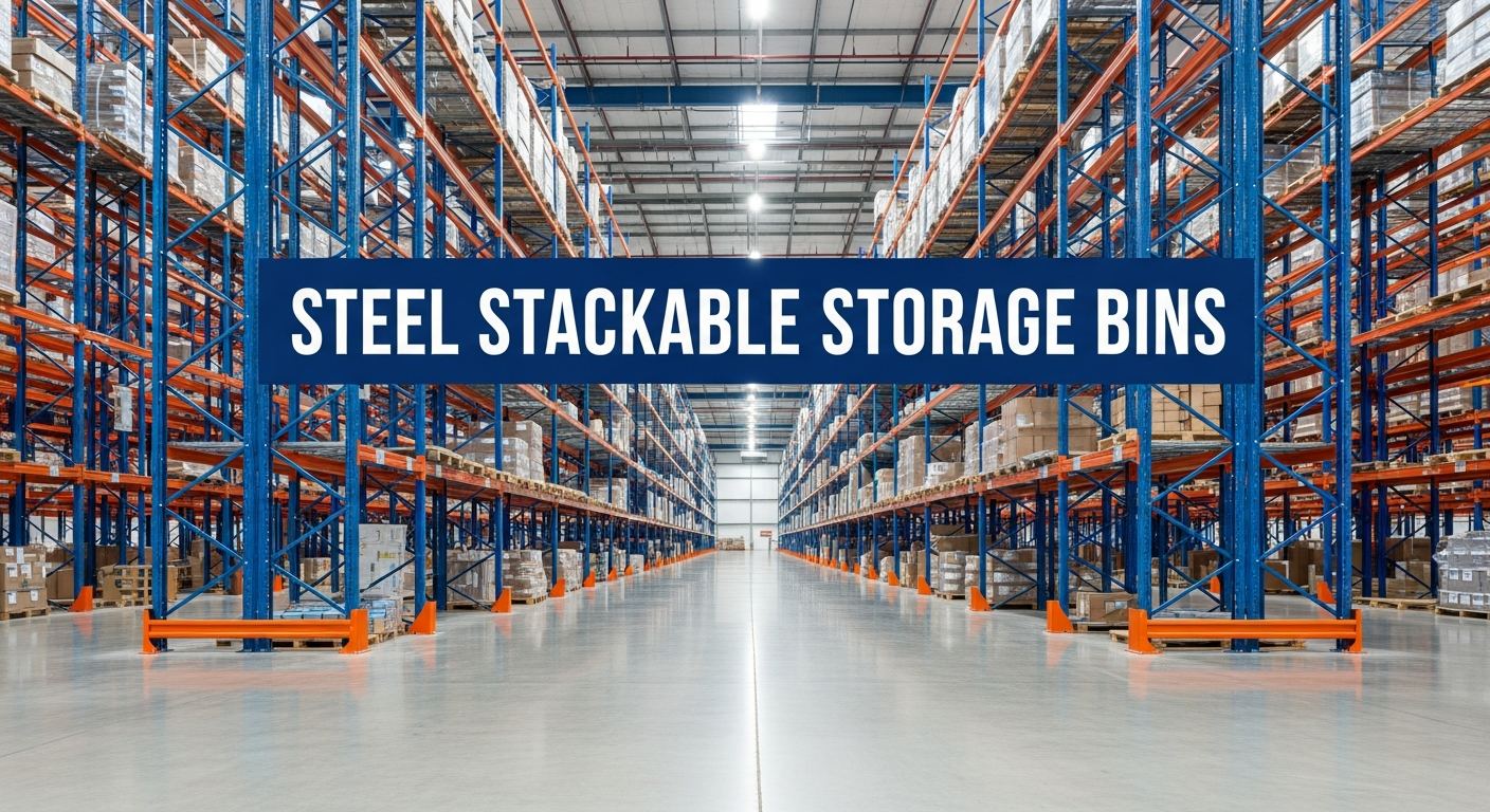 steel stackable storage bins in an industrial warehouse setting