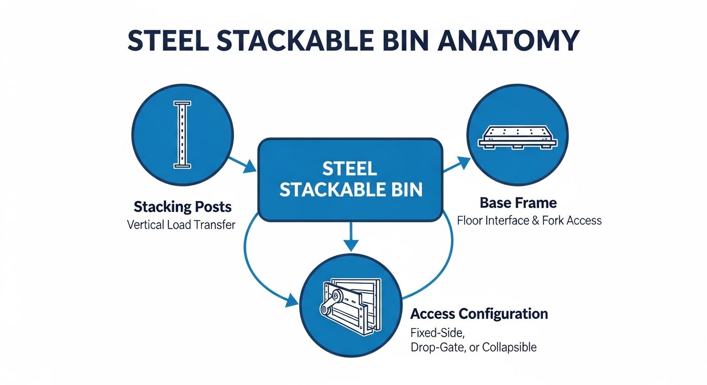 steel stackable storage bin anatomy diagram showing stacking posts, base frame, and access configuration components