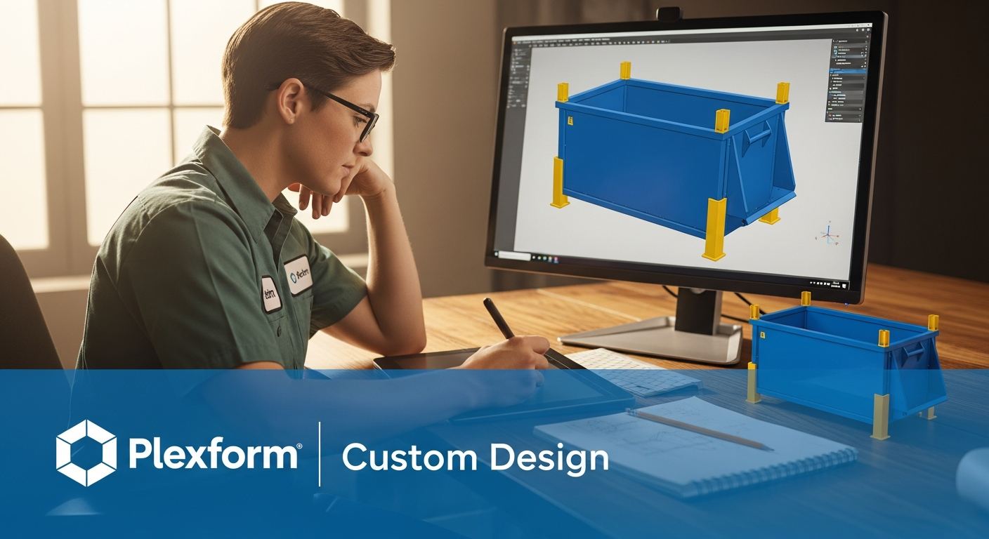 engineer designing a custom steel stackable storage bin on a CAD workstation