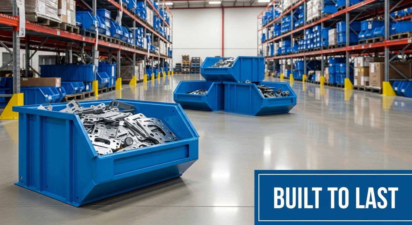 custom steel stackable storage bins built to last on a manufacturing warehouse floor