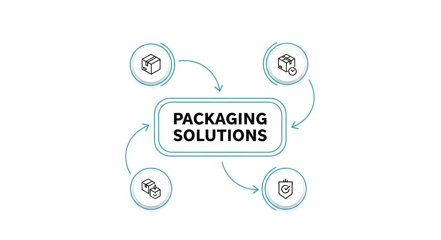 streamline packaging solutions overview infographic showing line-side carts, shipping racks, steel containers, and custom fixtures