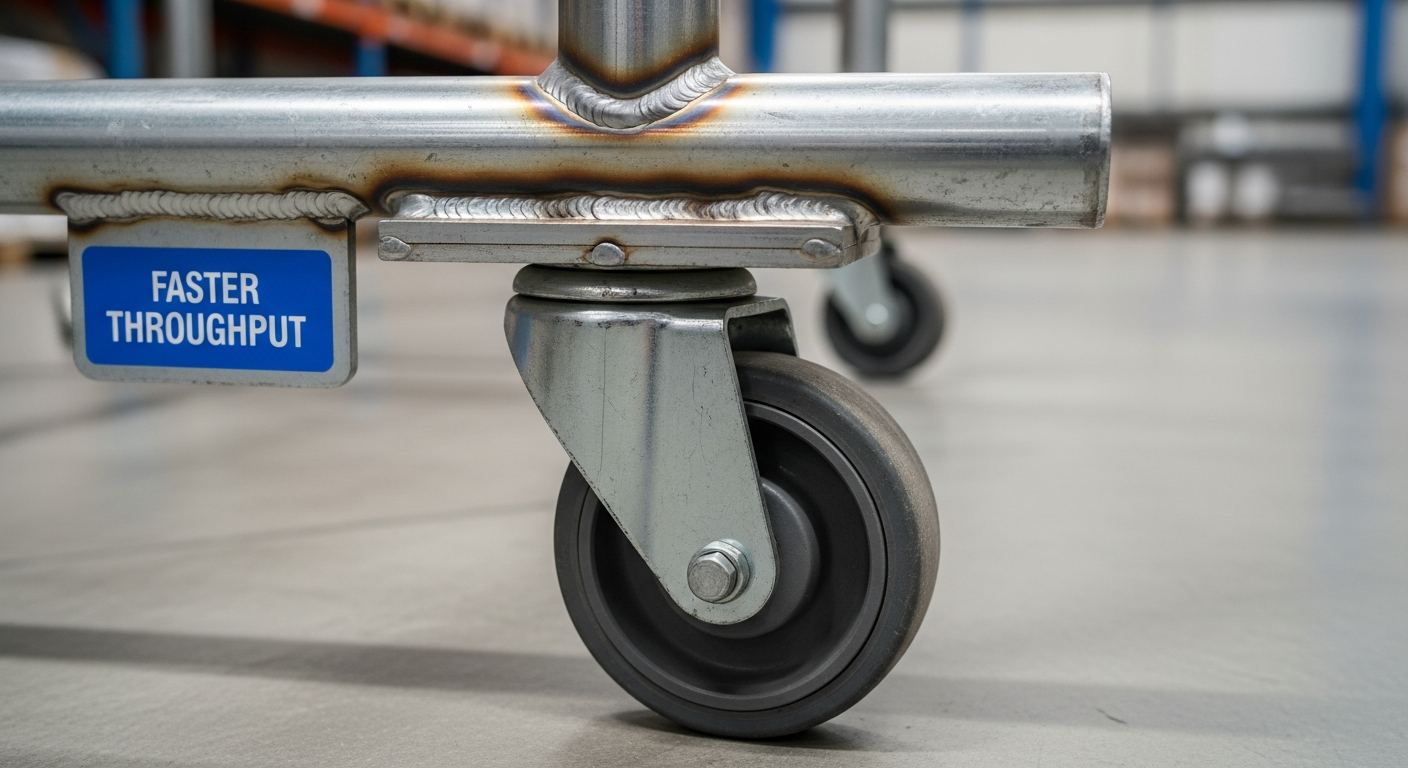 custom steel packaging cart caster and frame detail for streamline packaging solutions